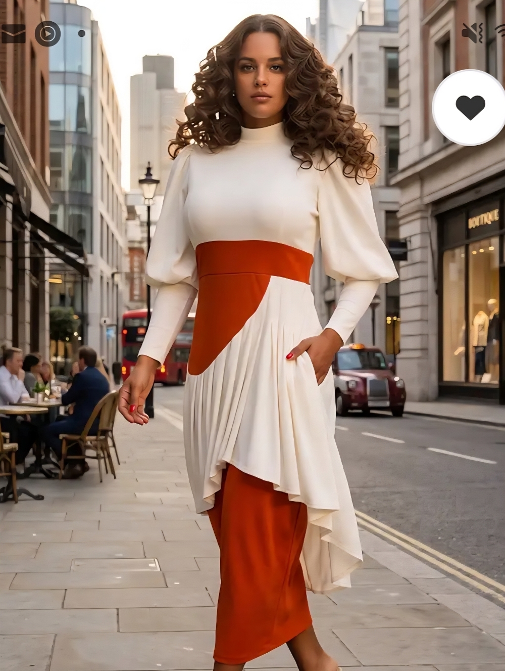 Elegant Cream and Rust Asymmetric Pleated Midi Dress